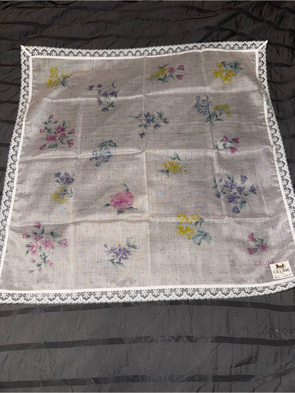 Celine White Lace-Trim Floral Scarf/handkerchief with Pink & Purple Accent